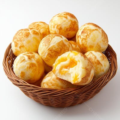 Cesta com pãezinhos de queijo dourados e crocantes