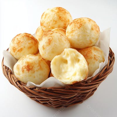Cesta com pãezinhos de queijo dourados e crocantes