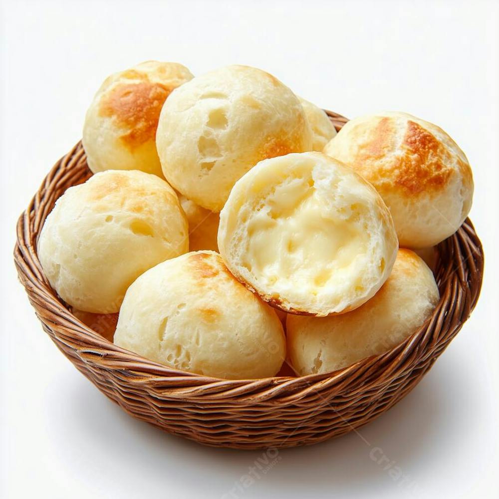 Cesta com pãezinhos de queijo dourados e crocantes