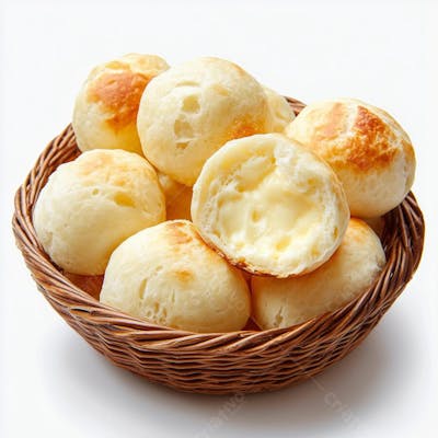 Cesta com pãezinhos de queijo dourados e crocantes