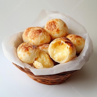 Cesta com pãezinhos de queijo dourados e crocantes