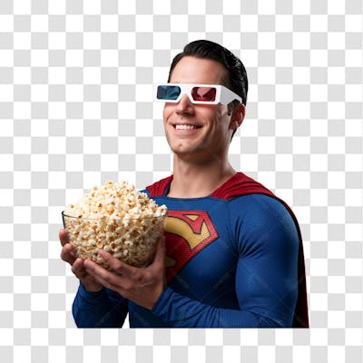 PNG Personagem Superman sorrindo de óculos 3D com tigela de pipoca