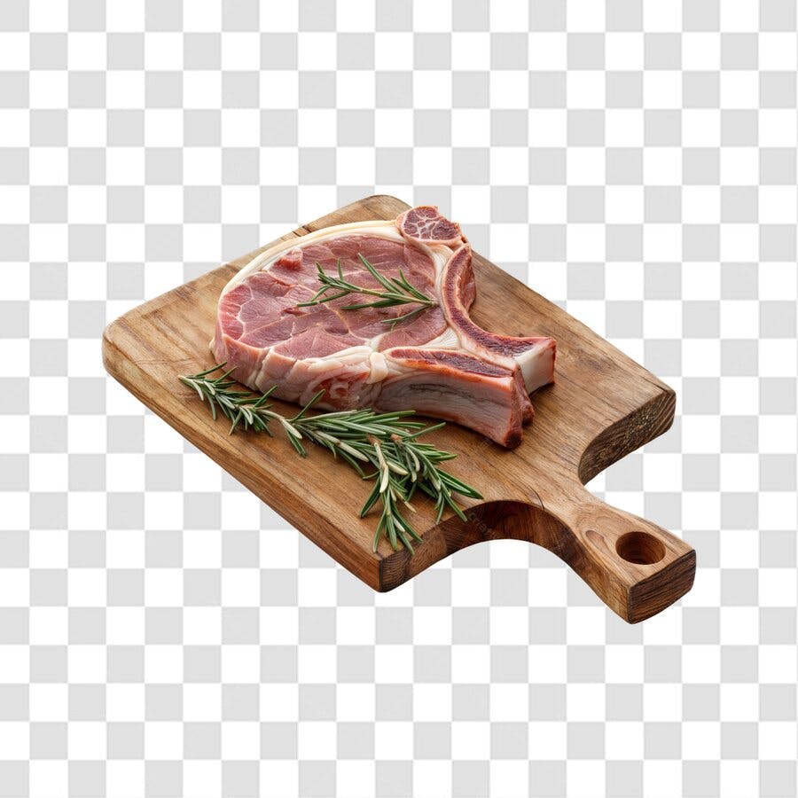 Imagem PNG de Carne com Alecrim em Tábua de Madeira com Fundo Transparente