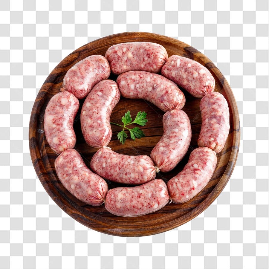 Imagem PNG de salsichas em tábua de madeira com fundo transparente