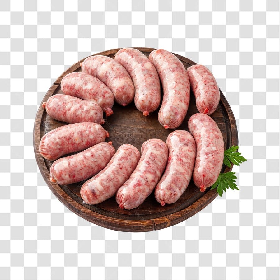 Imagem PNG de salsichas cruas em tábua de madeira com fundo transparente