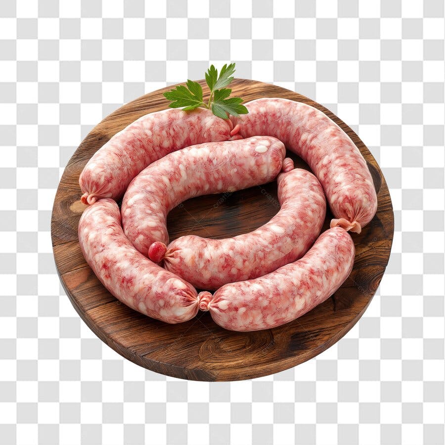 Imagem PNG de salsichas frescas em tábua de madeira com fundo transparente
