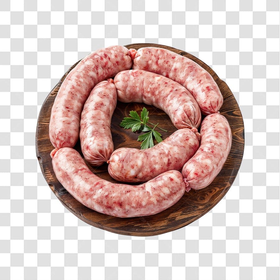 Imagem PNG de salsichas frescas em tábua de madeira com fundo transparente