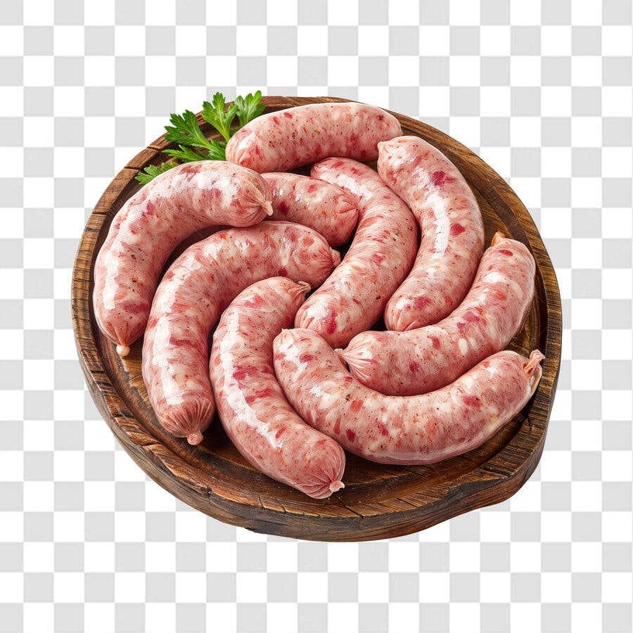 Imagem PNG de salsichas frescas em tábua de madeira com fundo transparente