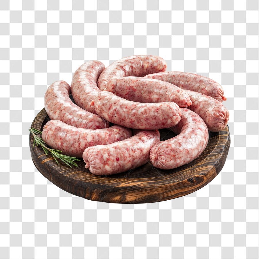 PNG Imagem de Salsichas Frescas em Tábua de Madeira com fundo transparente