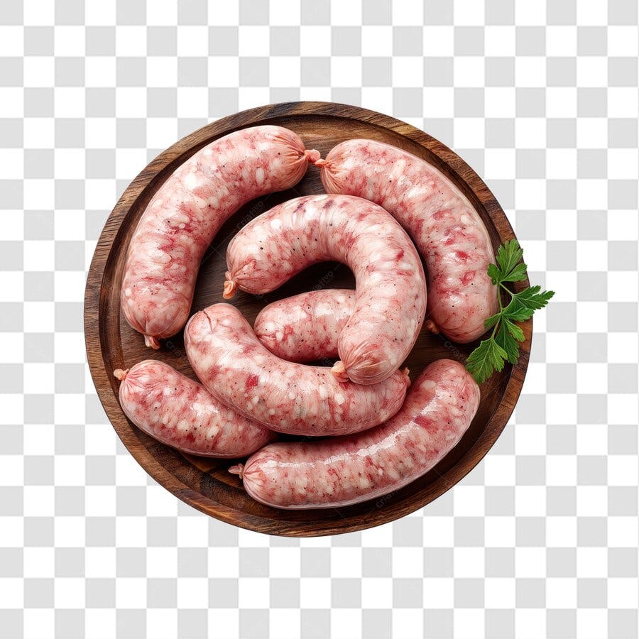 PNG Imagem de Salsichas Cruas em Tábua de Madeira