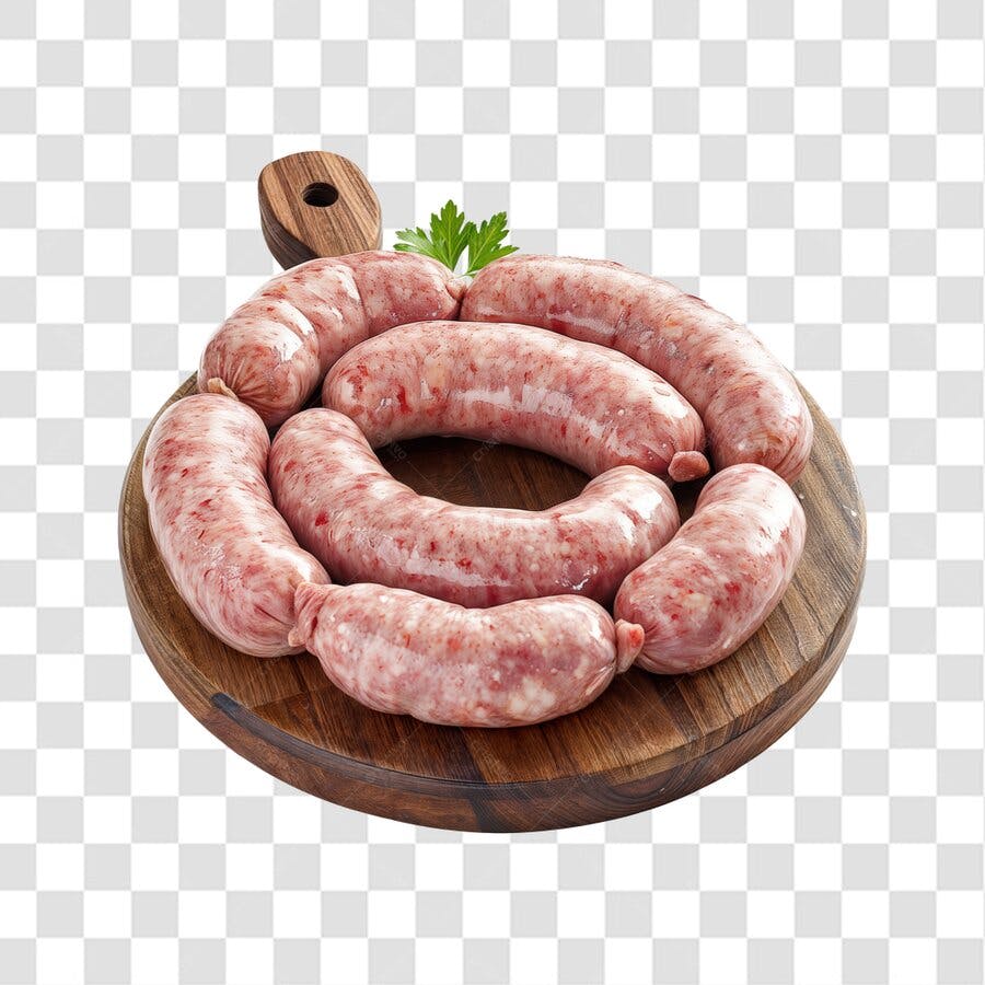 Imagem PNG de salsichas frescas em tábua de madeira com fundo transparente