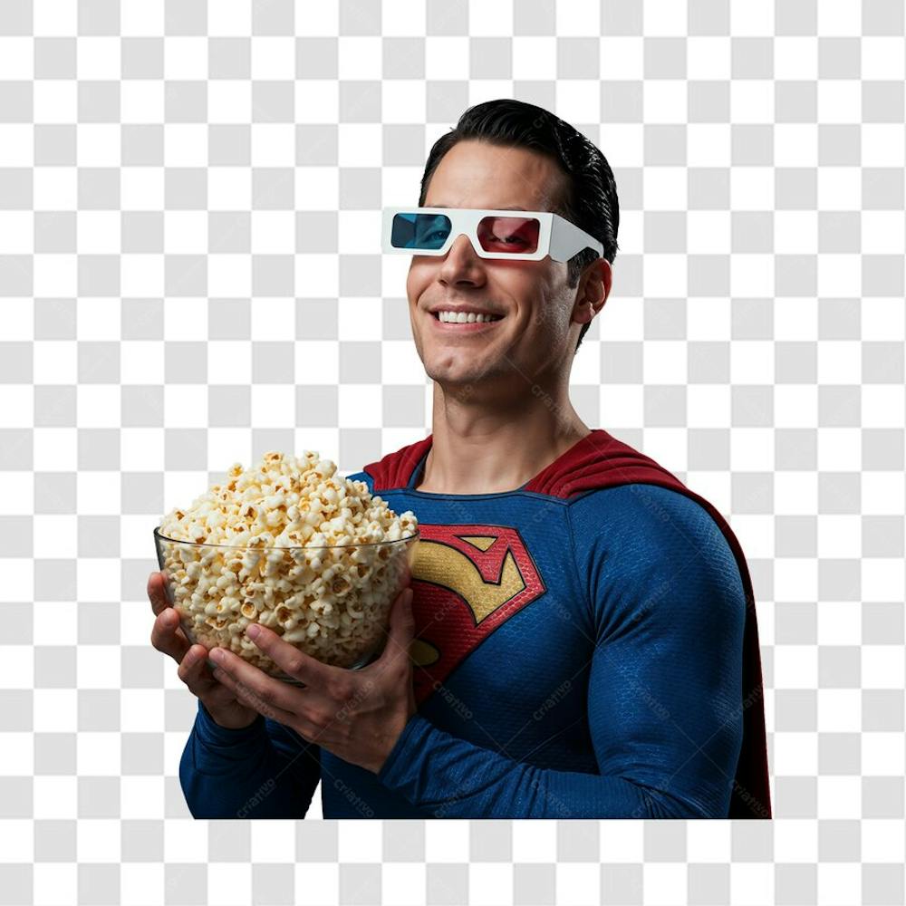 PNG Personagem Superman sorrindo de óculos 3D com tigela de pipoca 4K