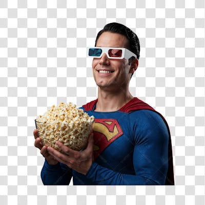 PNG Personagem Superman sorrindo de óculos 3D com tigela de pipoca 4K