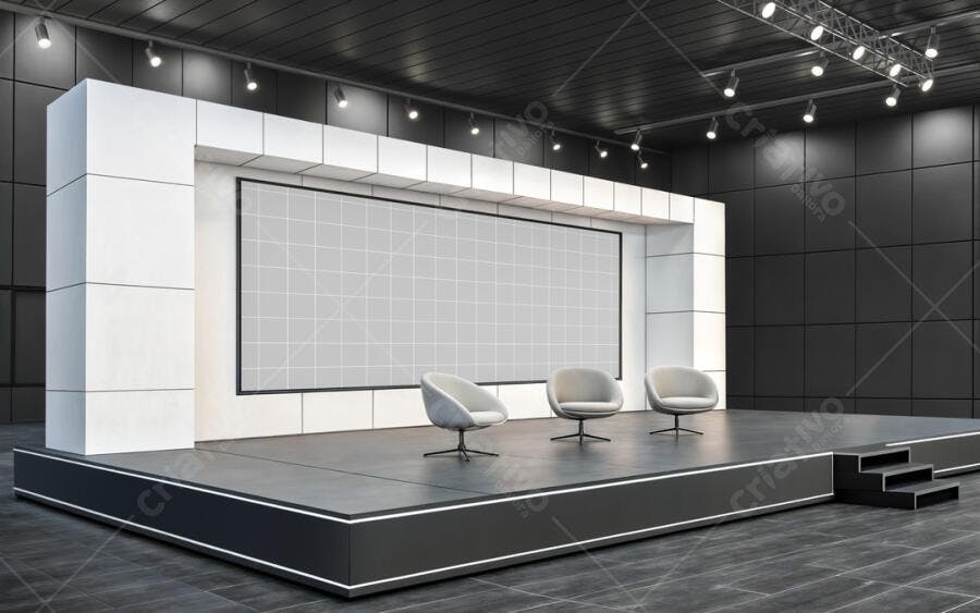 Mockup Palco Moderno com Tela Branca e Cinza
