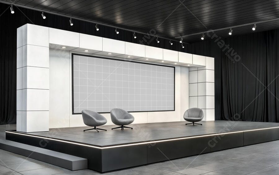 Mockup de Palco Moderno com Telão e Cadeiras Cinza