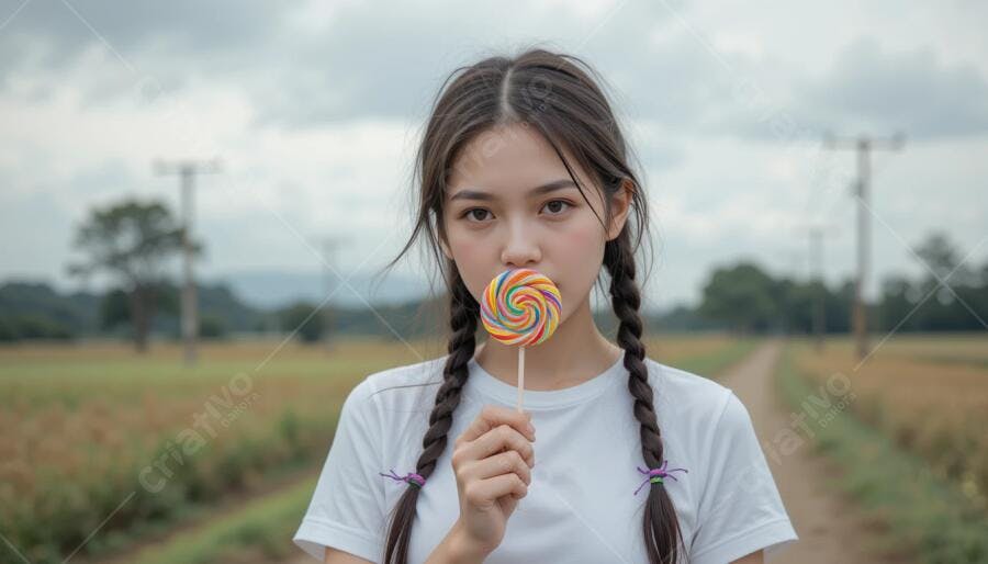 Menina com pirulito arco-íris em campo