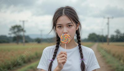Mulher com pirulito colorido em uma estrada