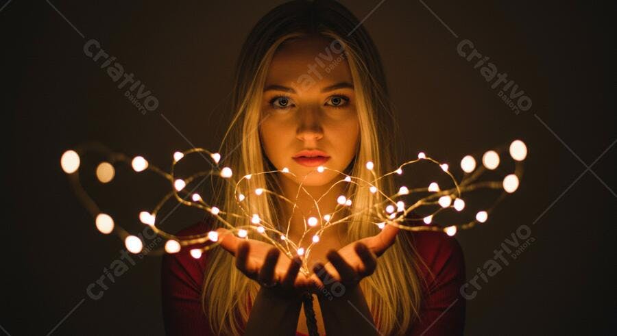 Mulher segurando luzes de fadas