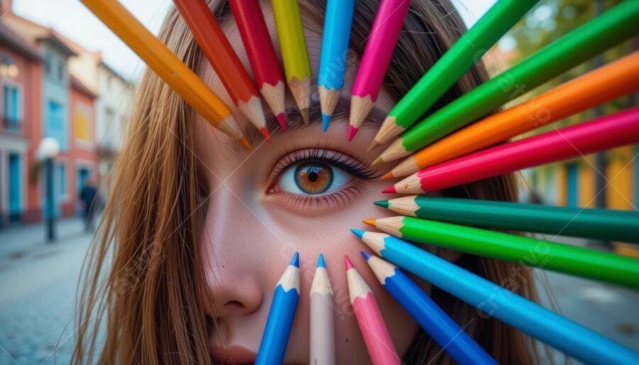 Olho feminino com lápis coloridos