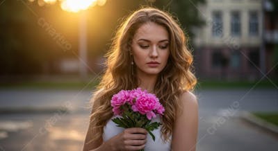 Mulher com buquê de flores pôr do sol