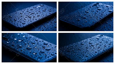 Quatro imagens de celulares close-up de um smartphone com gotas de água em sua superfície