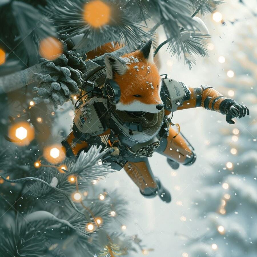 Raposa ciborgue voando em floresta nevada natalina