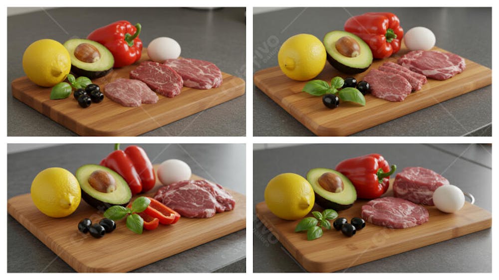 uma tábua de corte de madeira com vários ingredientes sobre ela.