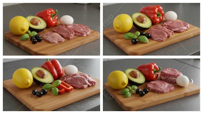 uma tábua de corte de madeira com vários ingredientes sobre ela.