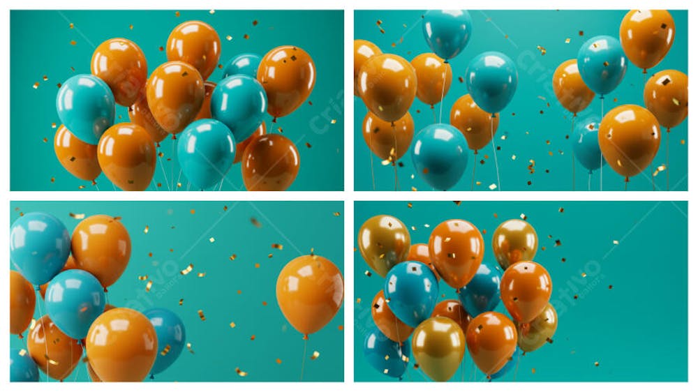 Um monte de balões em várias cores azul, laranja e dourado flutuando no ar.