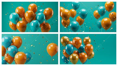 Um monte de balões em várias cores azul, laranja e dourado flutuando no ar.