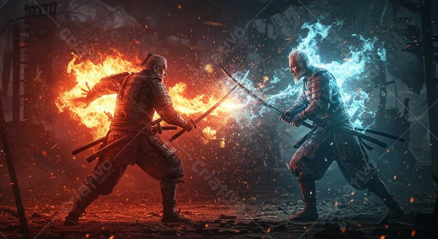 Samurai em combate fogo e gelo