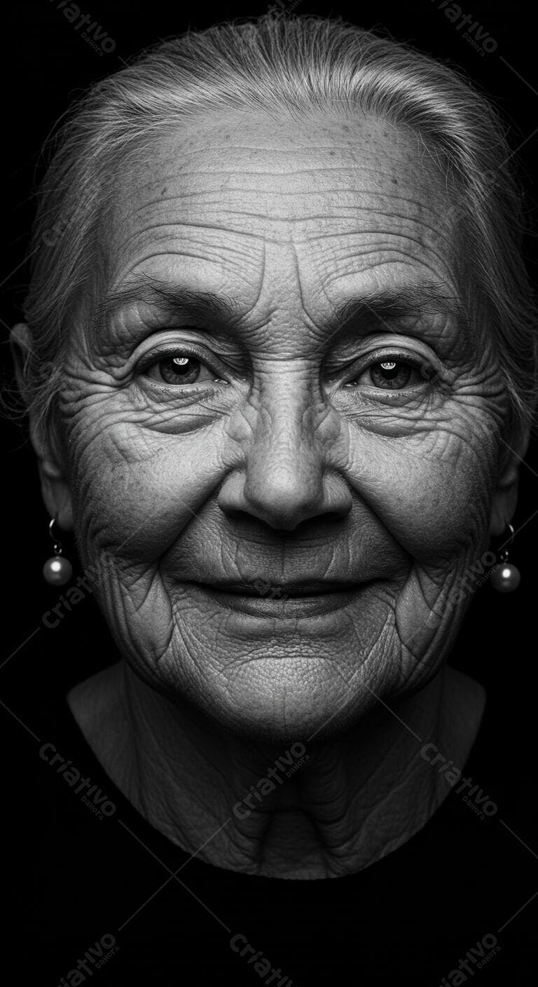 Retrato mulher idosa sorrindo em preto e branco