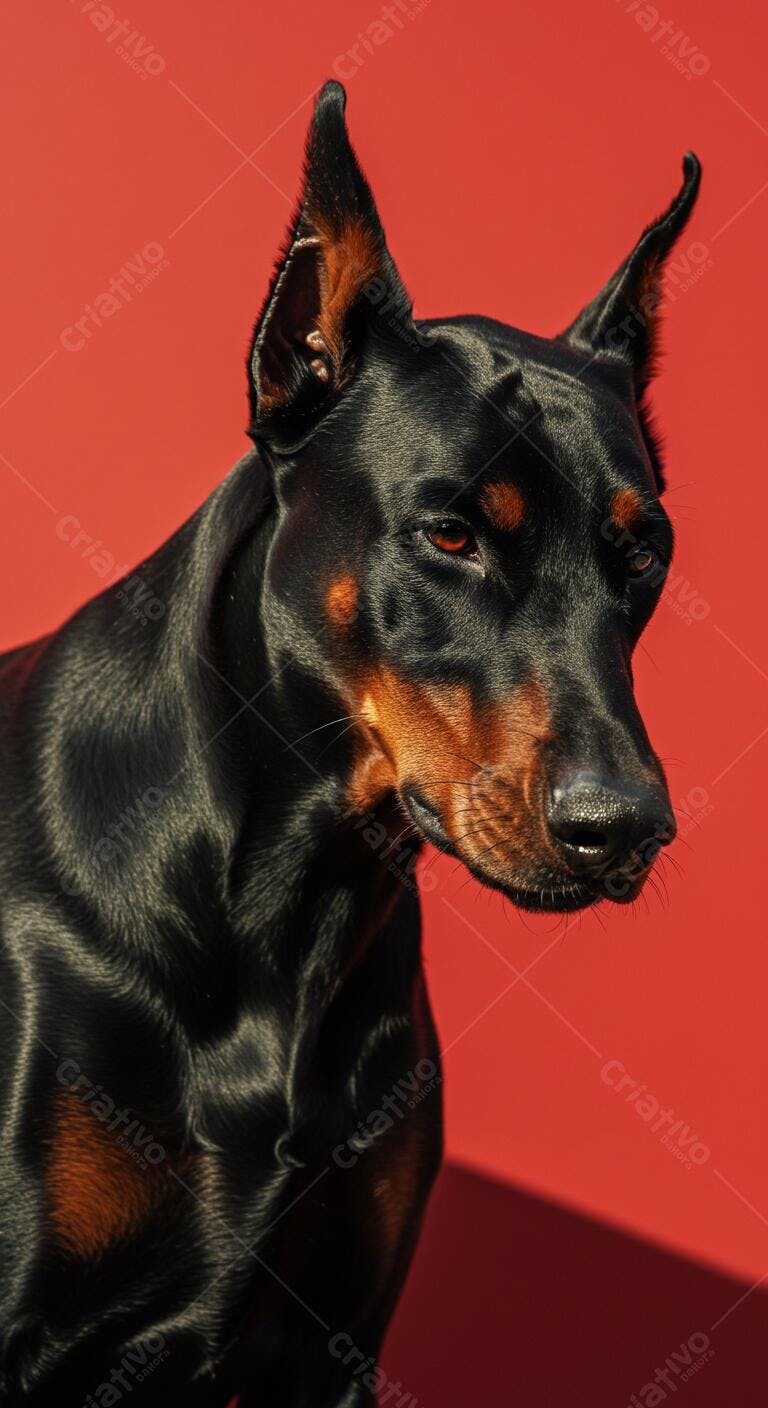 Dobermann preto e marrom fundo vermelho