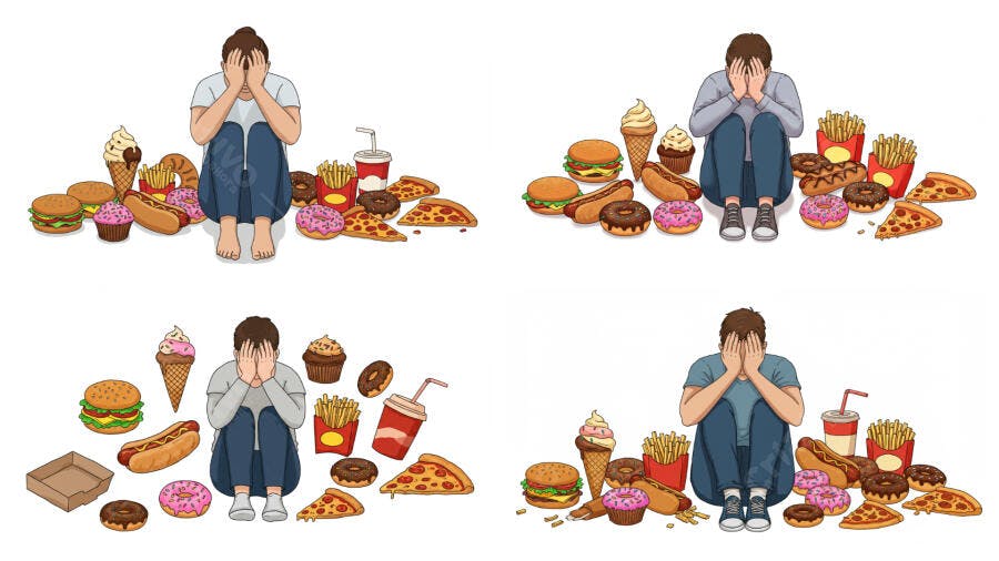 Ilustração de pessoa triste cercada por comida não saudável
