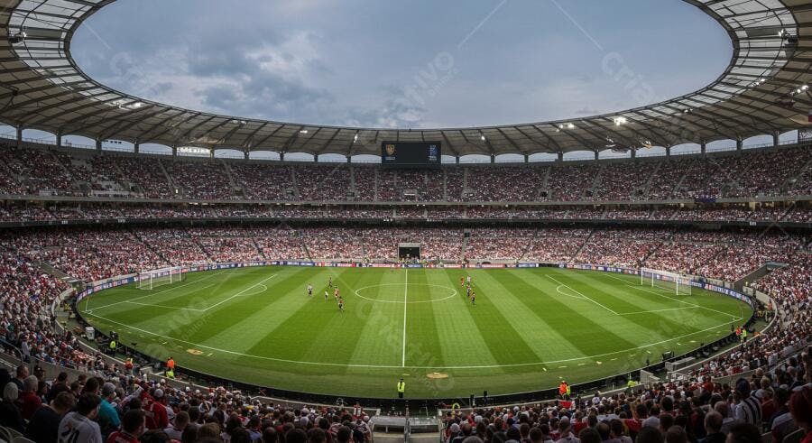 Estádio lotado em jogo de futebol noturno