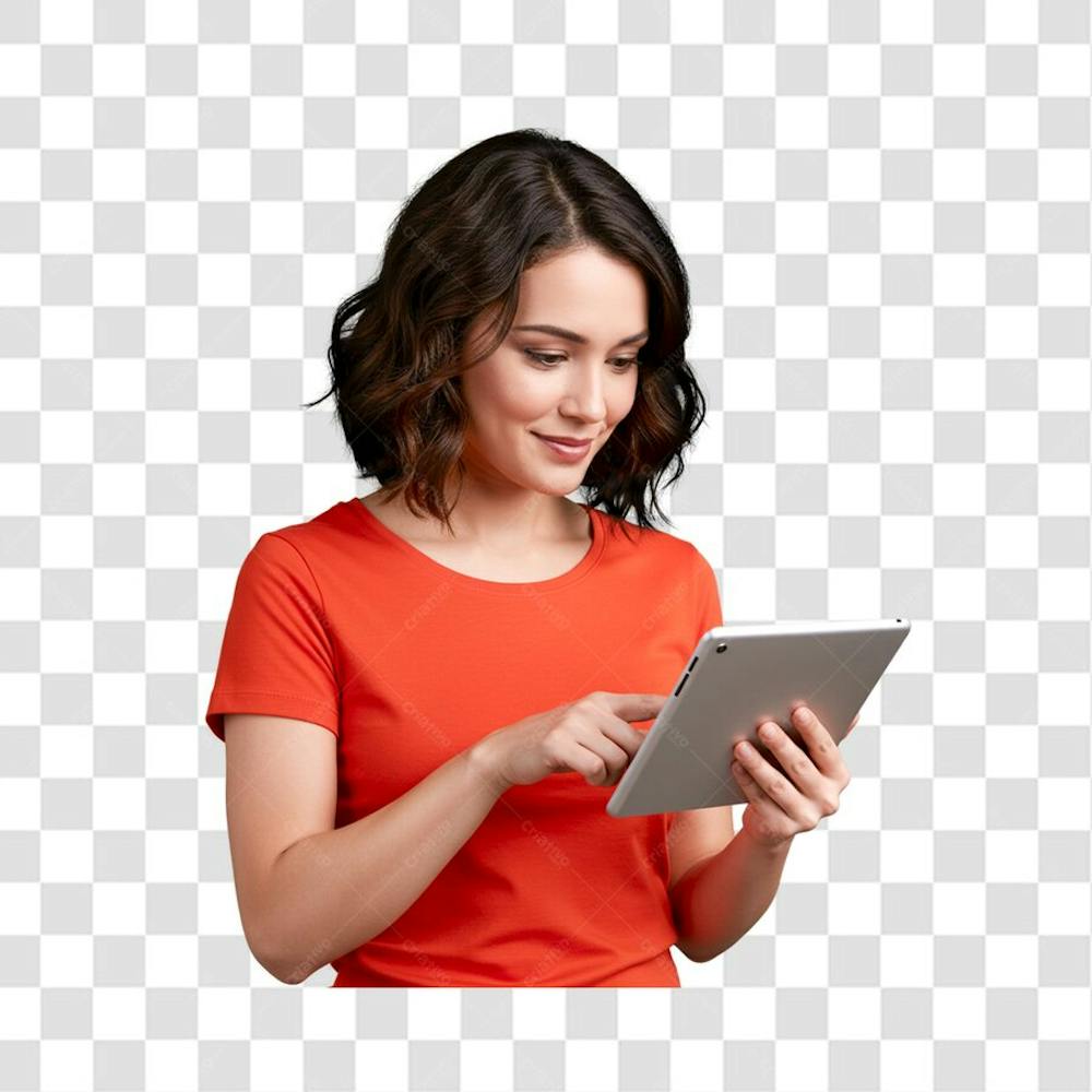 PNG Mulher morena cabelos semi curtos usando tablet