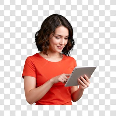 PNG Mulher morena cabelos semi curtos usando tablet