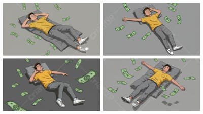 Quatro ilustrações de um  jovem deitado de costas com a cabeça apoiada em um travesseiro cinza, ao redor cai dinheiro