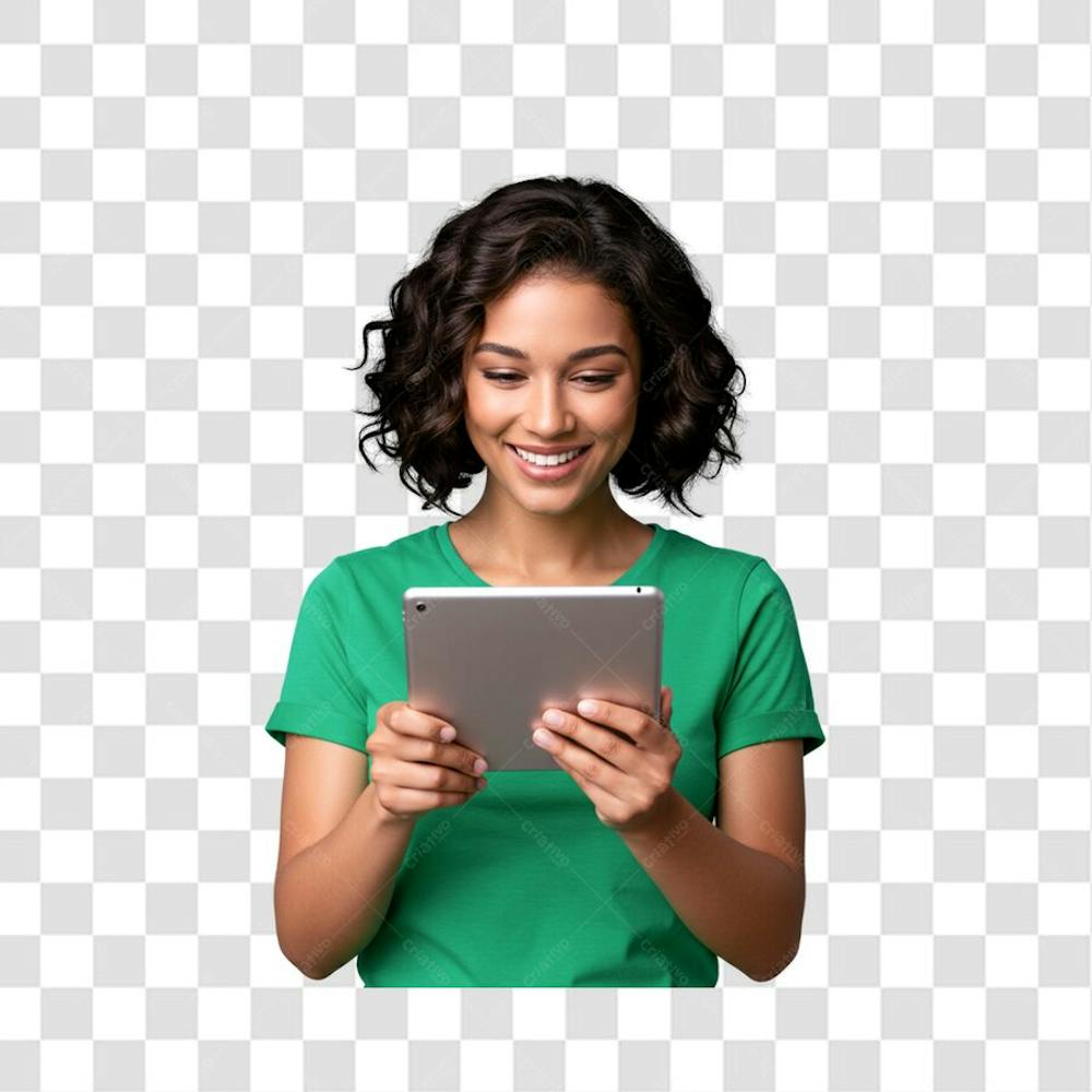 PNG Mulher feliz  morena cabelos semi-curtos de frente usando tablet