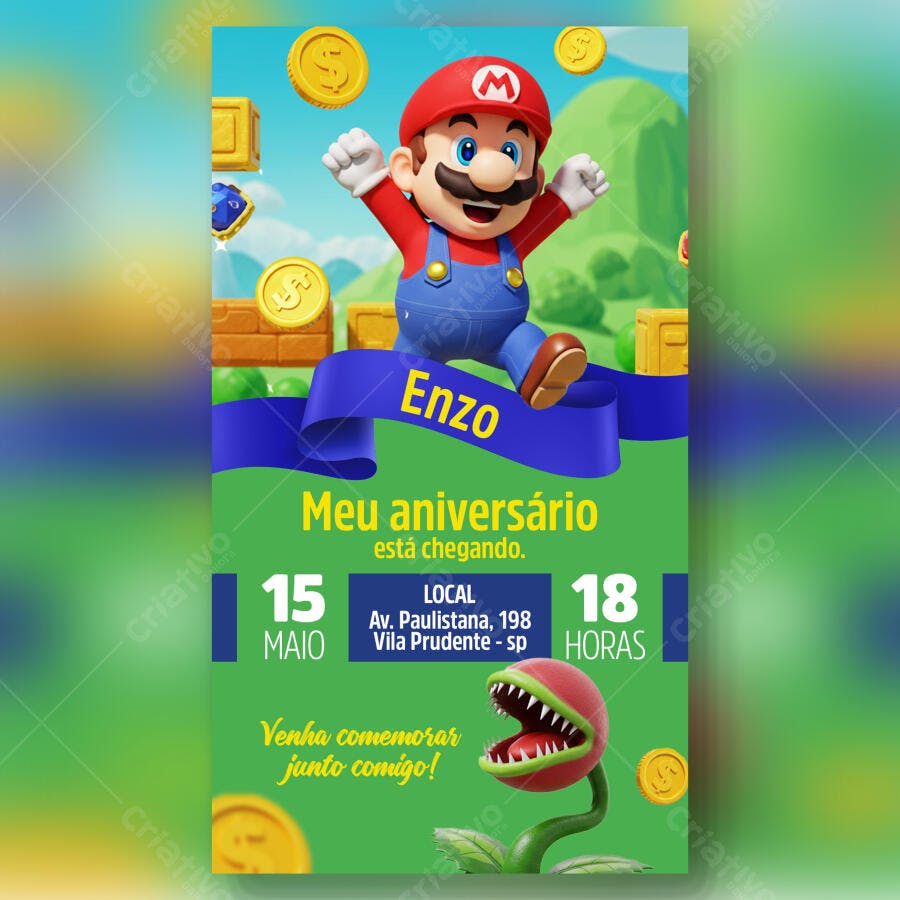 Convite de Aniversário Mario Bros PSD Editável