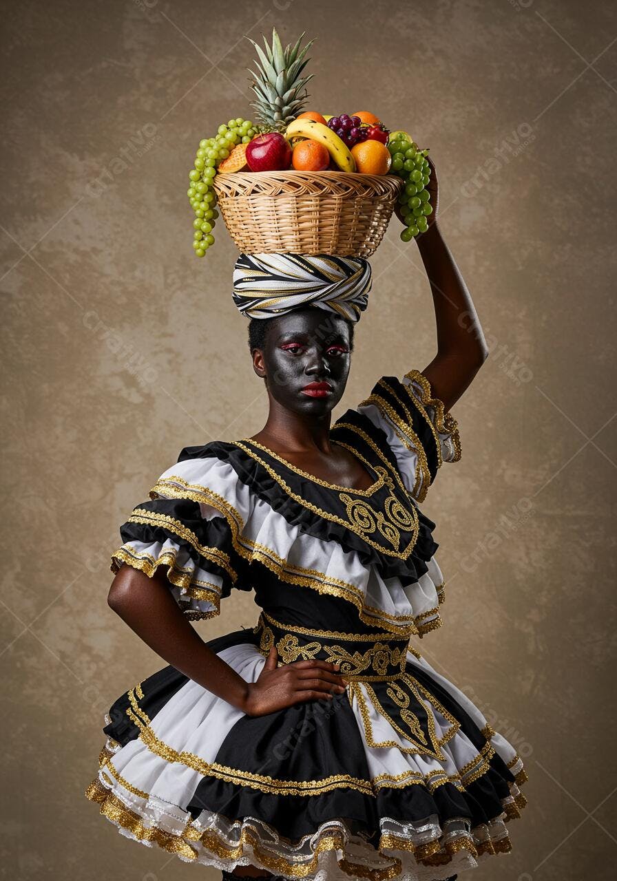 Mulher negra com cesta de frutas na cabeça
