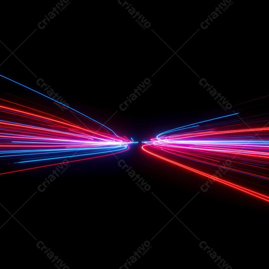 Trilhas de luz vermelha e azul em fundo preto