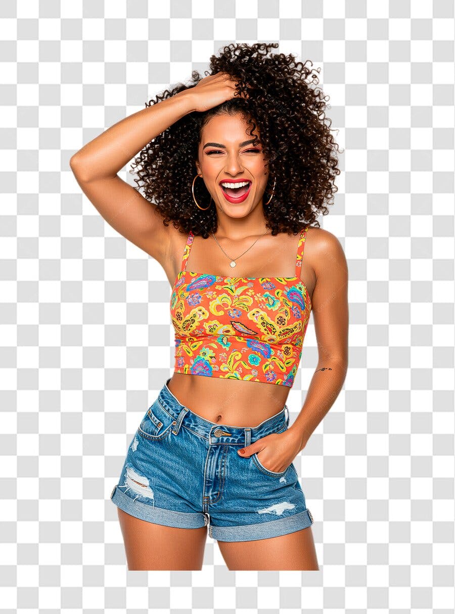 Imagem PNG mulher alegre shorts jeans top floral fundo transparente