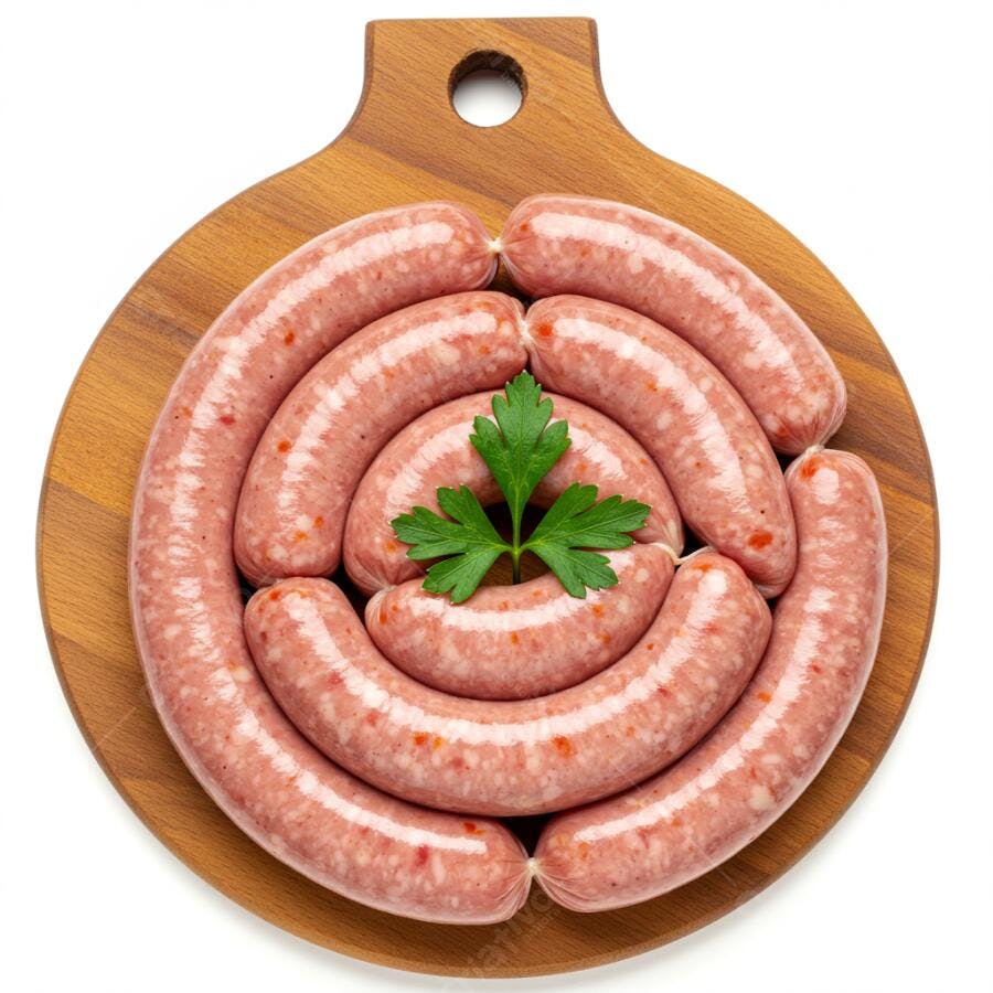 Salsichas frescas em tábua de madeira