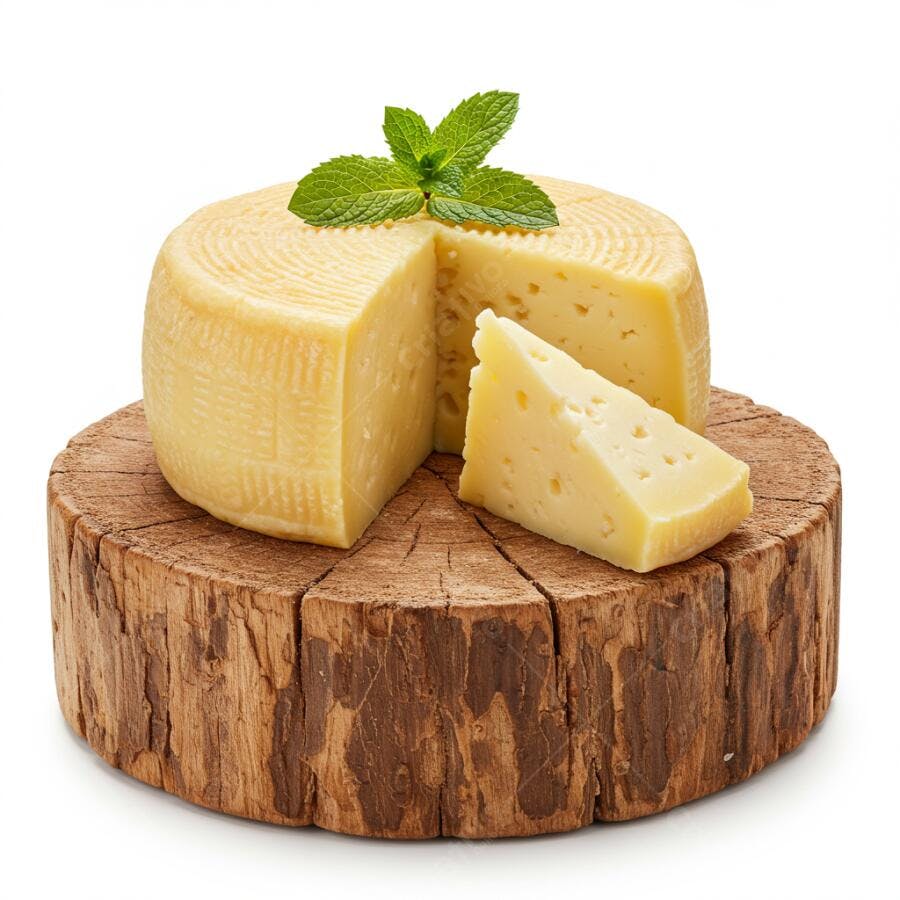Queijo artesanal sobre tronco de madeira