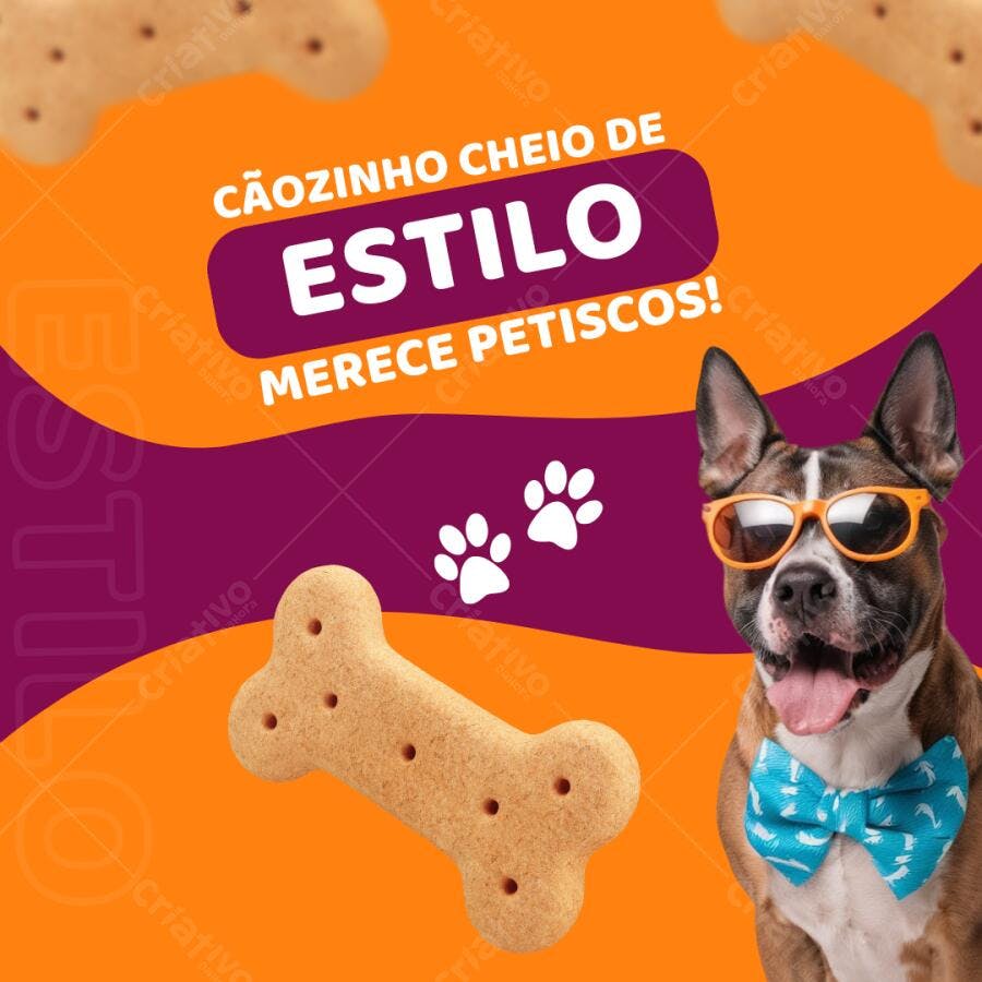 Post Instagram Pet com Biscoito Ossinho Laranja e Roxo Editável no Canva