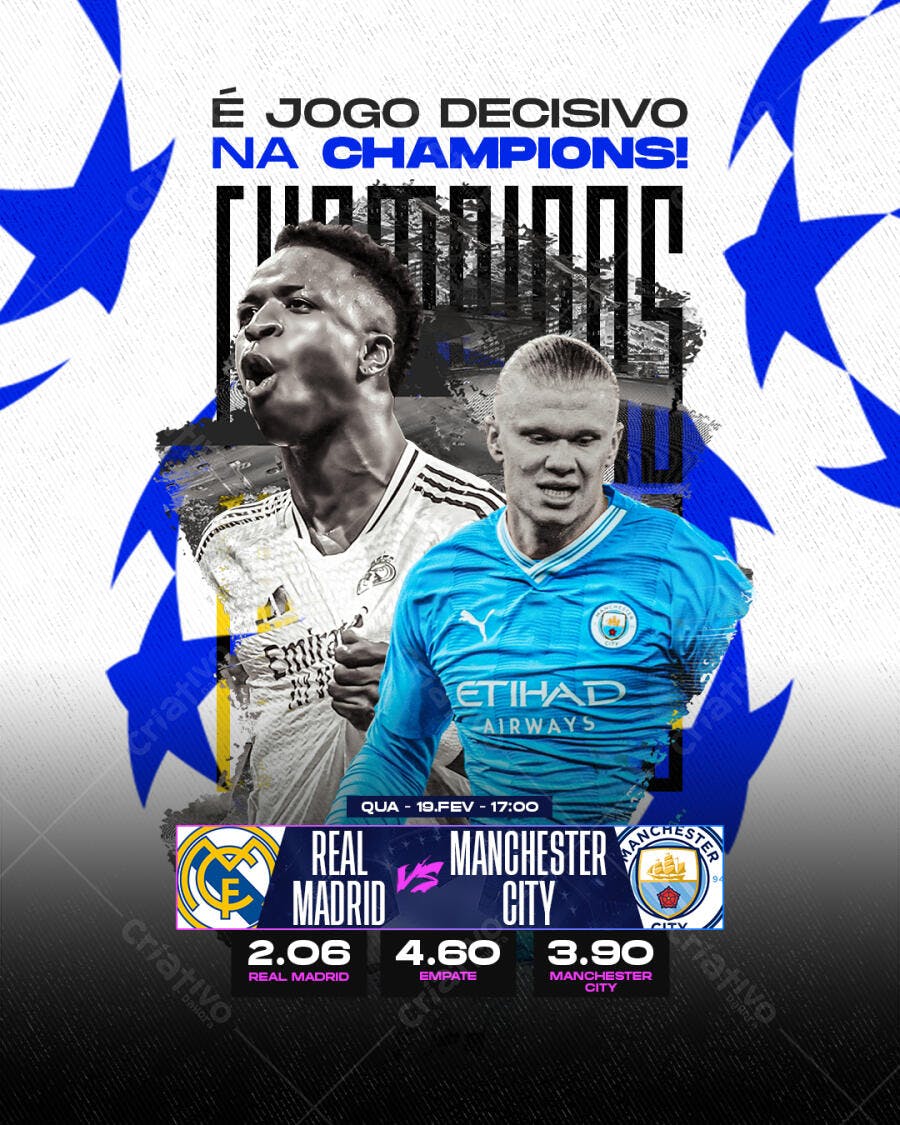 Flyer Champions League Real Madrid x Manchester City PSD Editável