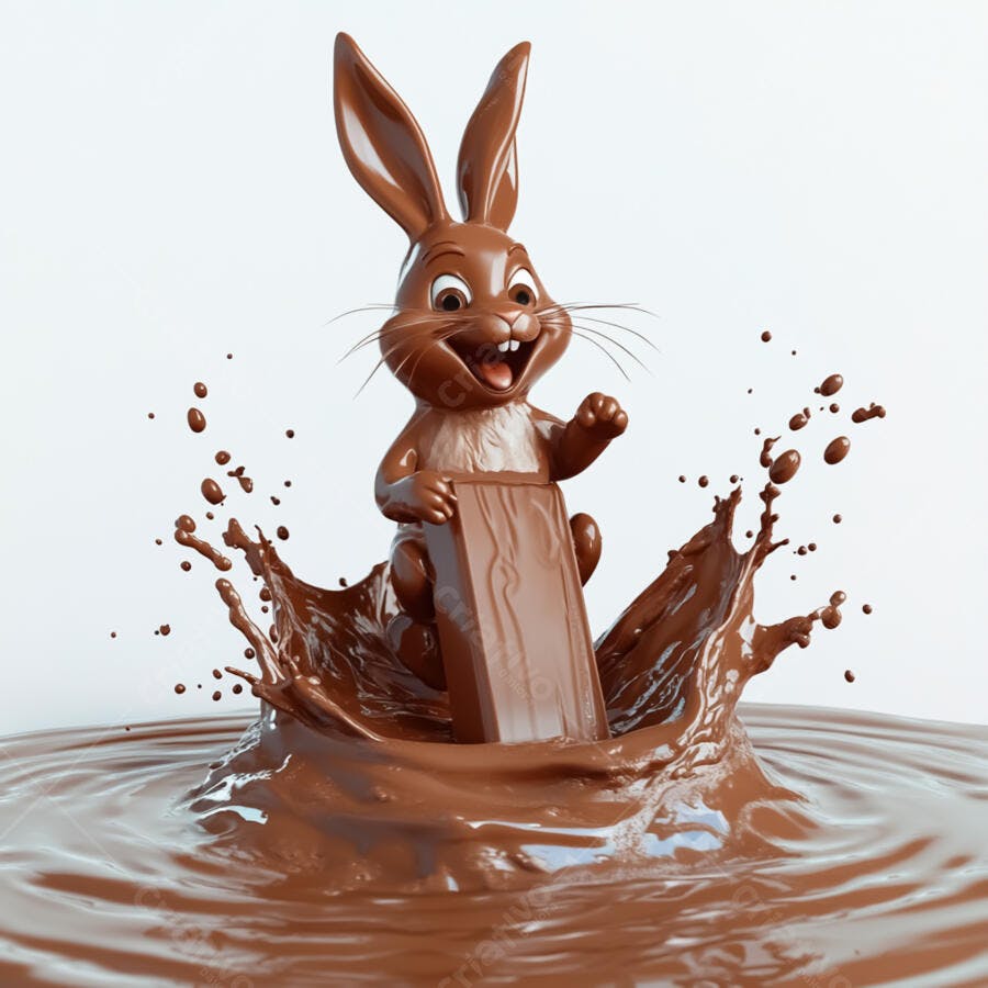 Coelho de chocolate pulando em chocolate derretido