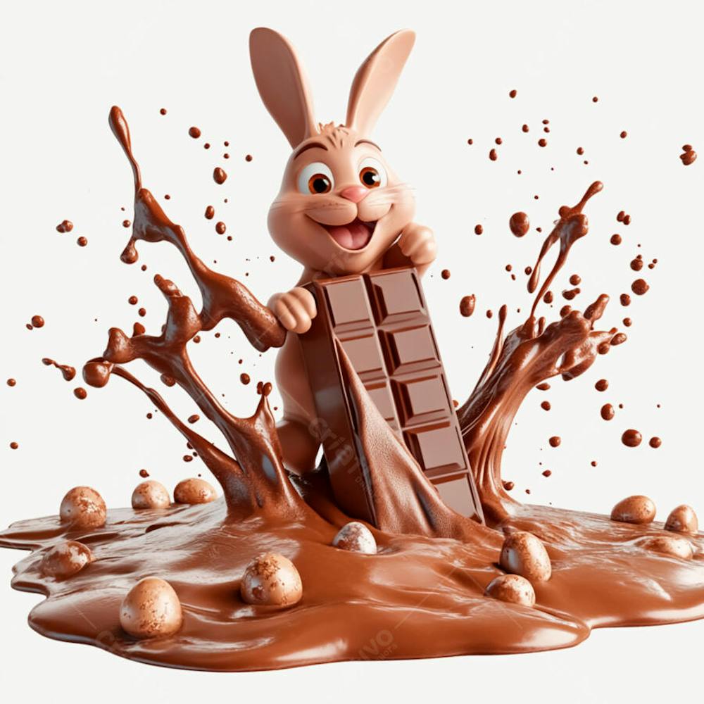 Poça de chocolate com salpicos de chocolate e um coelho de chocolate
