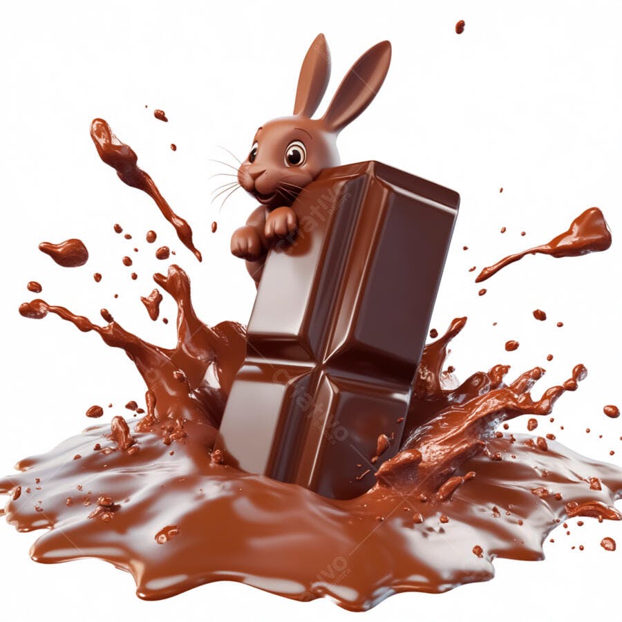 Coelho com barra de chocolate em splash marrom